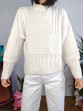 Load image into Gallery viewer, Vintage wool blend knitted sweater white structural cable knit pattern pullover jumper S
