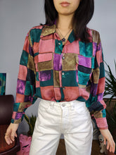 Load image into Gallery viewer, Vintage silk shirt blouse pink purple check checker art print pattern button up long sleeve women men unisex M
