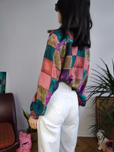 Load image into Gallery viewer, Vintage silk shirt blouse pink purple check checker art print pattern button up long sleeve women men unisex M
