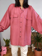Load image into Gallery viewer, Vintage 100% silk shirt blouse red pink long sleeve button up plain women unisex men L-XL
