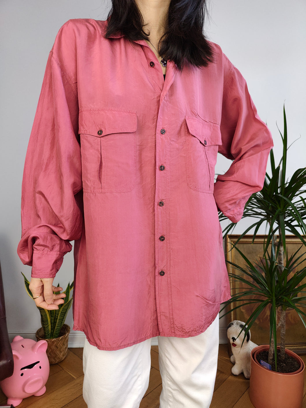 Vintage 100% silk shirt blouse red pink long sleeve button up plain women unisex men L-XL