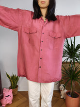 Load image into Gallery viewer, Vintage 100% silk shirt blouse red pink long sleeve button up plain women unisex men L-XL
