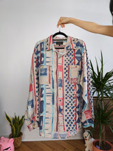 Load image into Gallery viewer, Vintage silk shirt blouse crazy print pattern button up long sleeve white blue geometric abstract women men unisex L-XL
