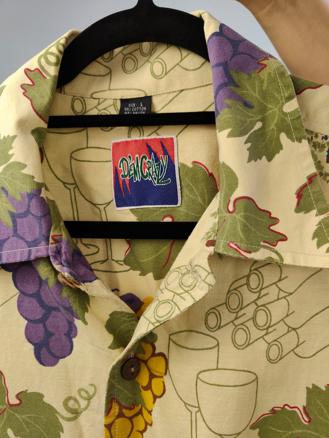 Vintage shirt vino wine grapes cotton crazy fun print pattern beige short sleeve button up women men unisex L