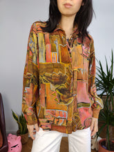 Load image into Gallery viewer, Vintage blouse orange yellow flower abstract print pattern long sleeve button up Pierre Frank women S
