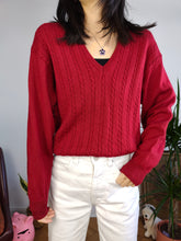 Load image into Gallery viewer, Vintage 100% wool cable knit sweater red V neck Suspense pullover jumper S

