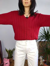 Load image into Gallery viewer, Vintage 100% wool cable knit sweater red V neck Suspense pullover jumper S
