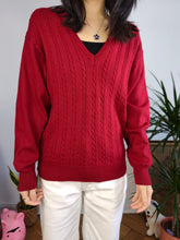 Load image into Gallery viewer, Vintage 100% wool cable knit sweater red V neck Suspense pullover jumper S
