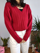 Load image into Gallery viewer, Vintage 100% wool cable knit sweater red V neck Suspense pullover jumper S

