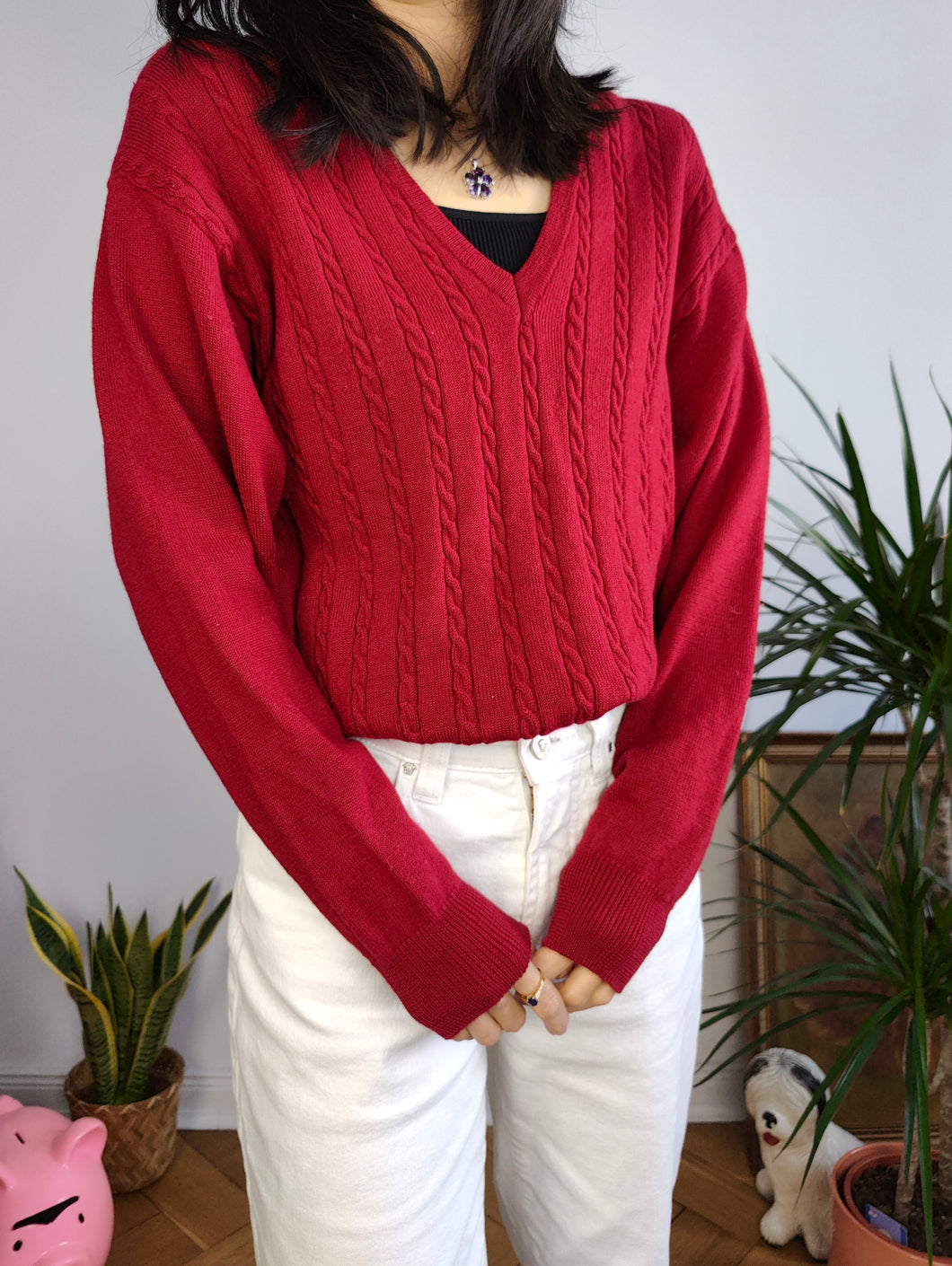 Vintage 100% wool cable knit sweater red V neck Suspense pullover jumper S