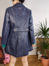 Load image into Gallery viewer, Vintage faux leather coat blue trench jacket double breasted button women S-M
