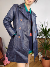 Load image into Gallery viewer, Vintage faux leather coat blue trench jacket double breasted button women S-M
