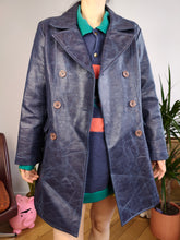 Load image into Gallery viewer, Vintage faux leather coat blue trench jacket double breasted button women S-M
