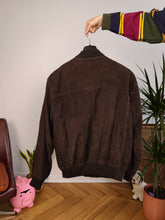 Load image into Gallery viewer, Vintage real suede leather bomber jacket dark brown unisex women men 54 M-L
