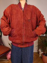 Load image into Gallery viewer, Vintage real suede leather bomber jacket red unisex women men XL
