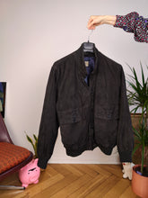 Load image into Gallery viewer, Vintage real suede leather bomber jacket black unisex women men 52 M
