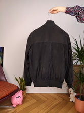 Load image into Gallery viewer, Vintage real suede leather bomber jacket black unisex women men 52 M
