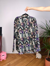 Load image into Gallery viewer, Vintage 100% silk shirt blouse green purple white art crazy print pattern button up long sleeve women men unisex L
