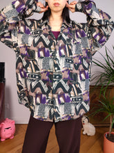 Lade das Bild in den Galerie-Viewer, Vintage 100% silk shirt blouse green purple white art crazy print pattern button up long sleeve women men unisex L
