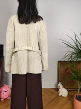 Load image into Gallery viewer, Vintage real suede leather trench coat off white cream beige jacket women S
