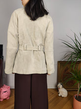 Load image into Gallery viewer, Vintage real suede leather trench coat off white cream beige jacket women S
