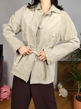 Load image into Gallery viewer, Vintage real suede leather trench coat off white cream beige jacket women S
