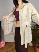 Load image into Gallery viewer, Vintage real suede leather trench coat off white cream beige jacket women S
