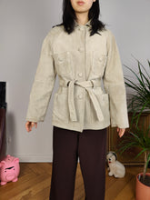 Load image into Gallery viewer, Vintage real suede leather trench coat off white cream beige jacket women S
