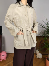 Load image into Gallery viewer, Vintage real suede leather trench coat off white cream beige jacket women S
