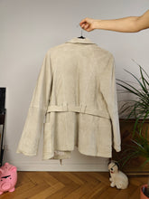 Load image into Gallery viewer, Vintage real suede leather trench coat off white cream beige jacket women S
