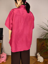 Load image into Gallery viewer, Vintage 100% silk shirt blouse red magenta pink short sleeve button up plain women men unisex L
