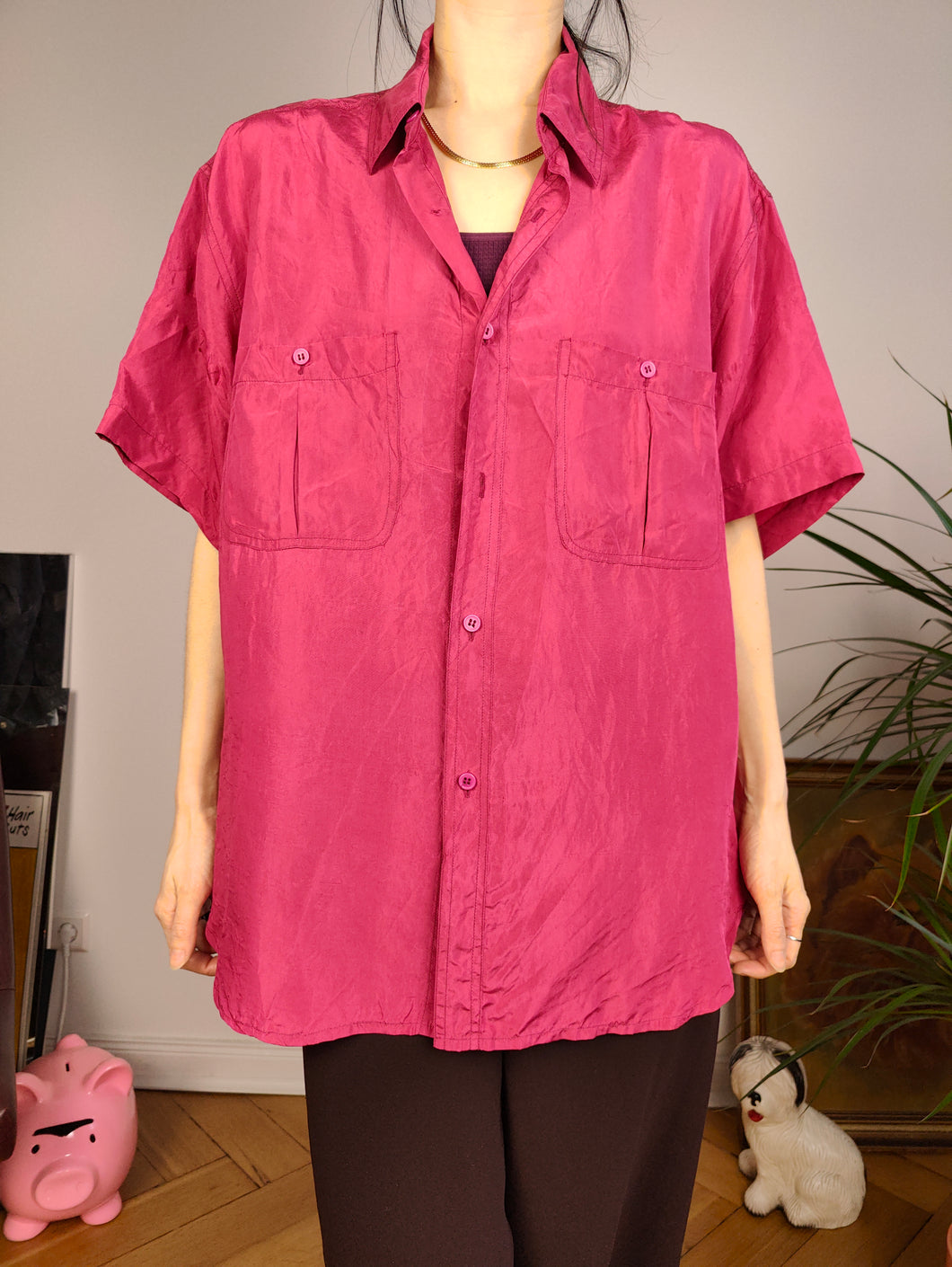 Vintage 100% silk shirt blouse red magenta pink short sleeve button up plain women men unisex L