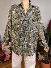 Load image into Gallery viewer, Vintage 100% silk shirt blouse green beige art crazy print pattern button up long sleeve women men unisex M-L
