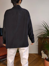 Load image into Gallery viewer, Vintage 100% silk shirt blouse black long sleeve button up plain women unisex men S-M
