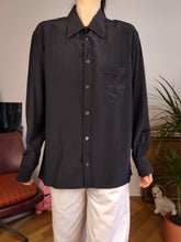 Load image into Gallery viewer, Vintage 100% silk shirt blouse black long sleeve button up plain women unisex men S-M
