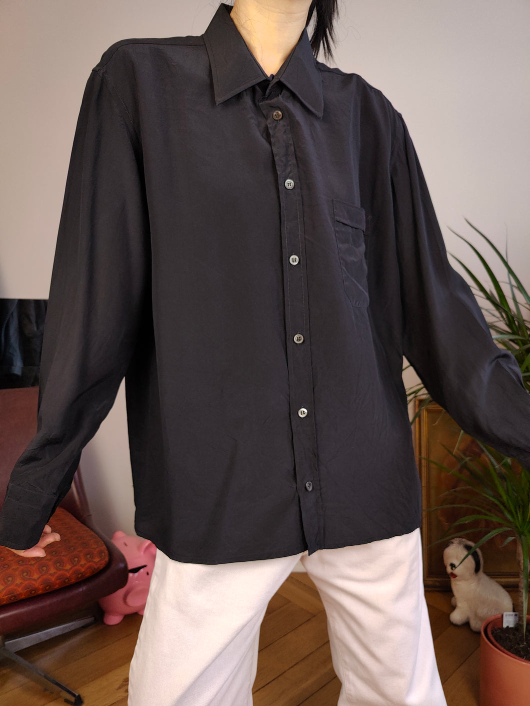 Vintage 100% silk shirt blouse black long sleeve button up plain women unisex men S-M