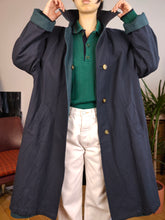 Load image into Gallery viewer, Vintage 2-in-1 reversible trench coat wool navy blue teal green long lining women M
