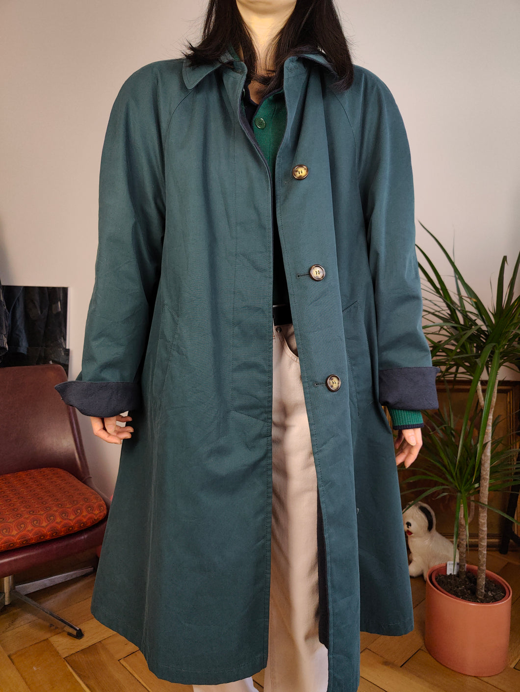Vintage 2-in-1 reversible trench coat wool navy blue teal green long lining women M