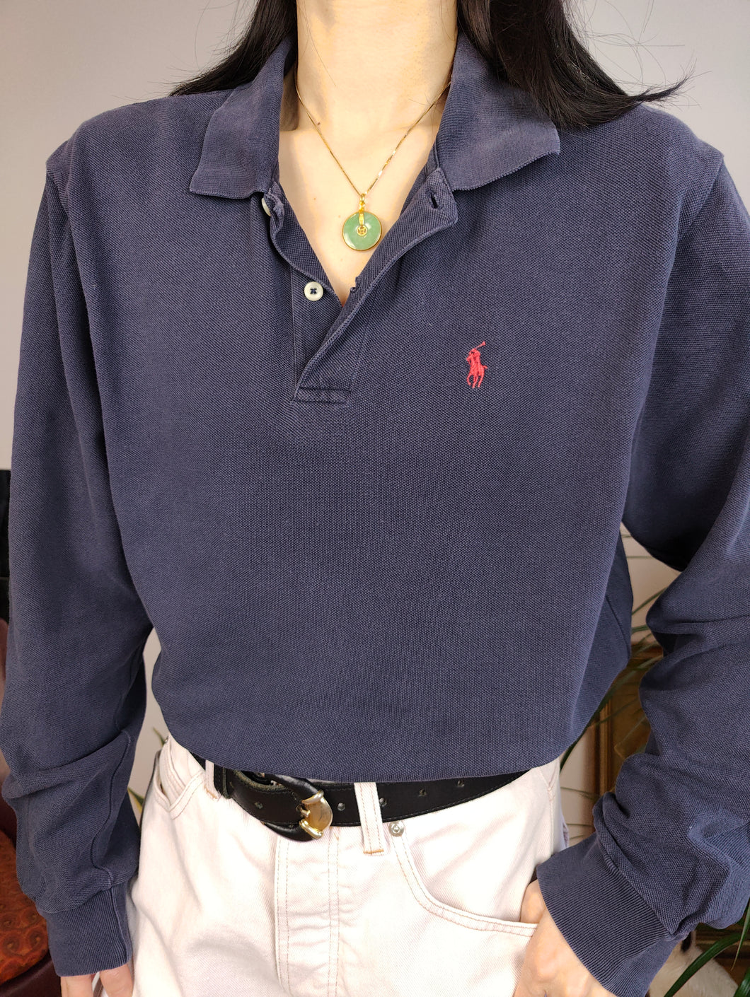 Vintage Ralph Lauren navy blue long sleeve polo shirt cotton sweater sweatshirt women unisex men M