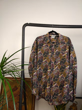 Load image into Gallery viewer, Vintage 100% silk shirt blouse green purple brown art crazy print pattern button up long sleeve Avanti women men unisex L

