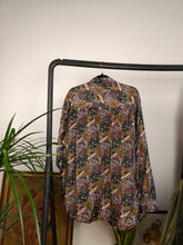 Load image into Gallery viewer, Vintage 100% silk shirt blouse green purple brown art crazy print pattern button up long sleeve Avanti women men unisex L
