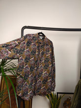 Load image into Gallery viewer, Vintage 100% silk shirt blouse green purple brown art crazy print pattern button up long sleeve Avanti women men unisex L
