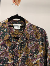 Load image into Gallery viewer, Vintage 100% silk shirt blouse green purple brown art crazy print pattern button up long sleeve Avanti women men unisex L
