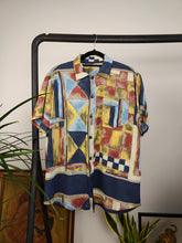 Load image into Gallery viewer, Vintage viscose shirt art print pattern blue yellow red geometric short sleeve button up women men unisex M
