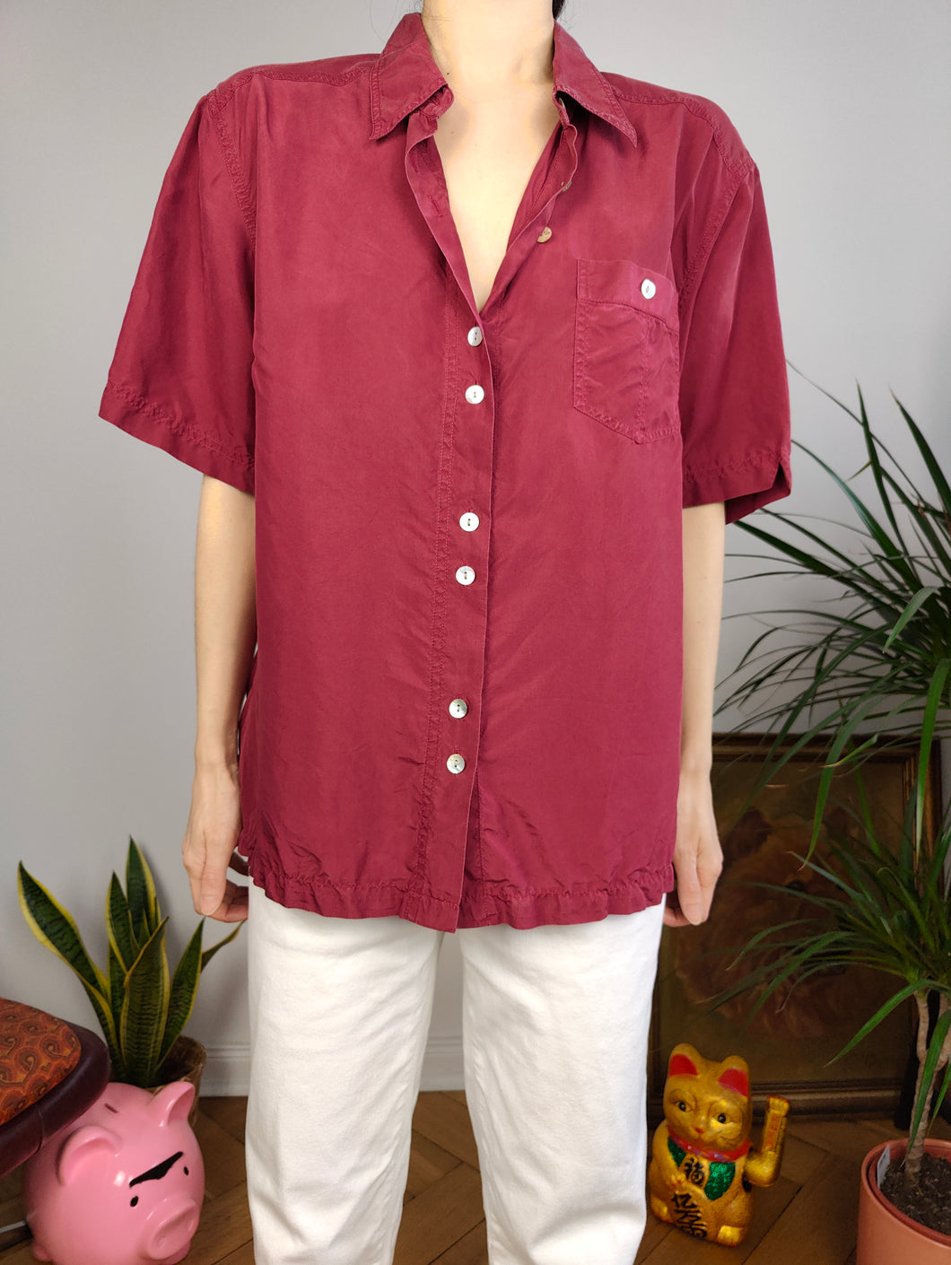 Vintage 100% silk shirt blouse dark red burgundy short sleeve button up plain women Deville 44 M