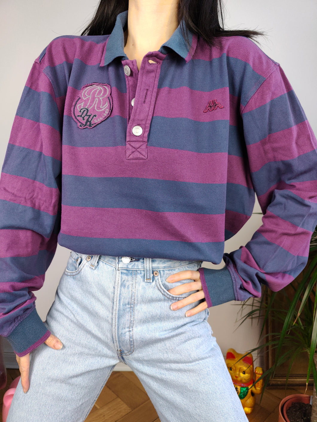 Vintage Robe di Kappa polo shirt long sleeve purple blue stripe pattern rugby sweatshirt women unisex men L-XL