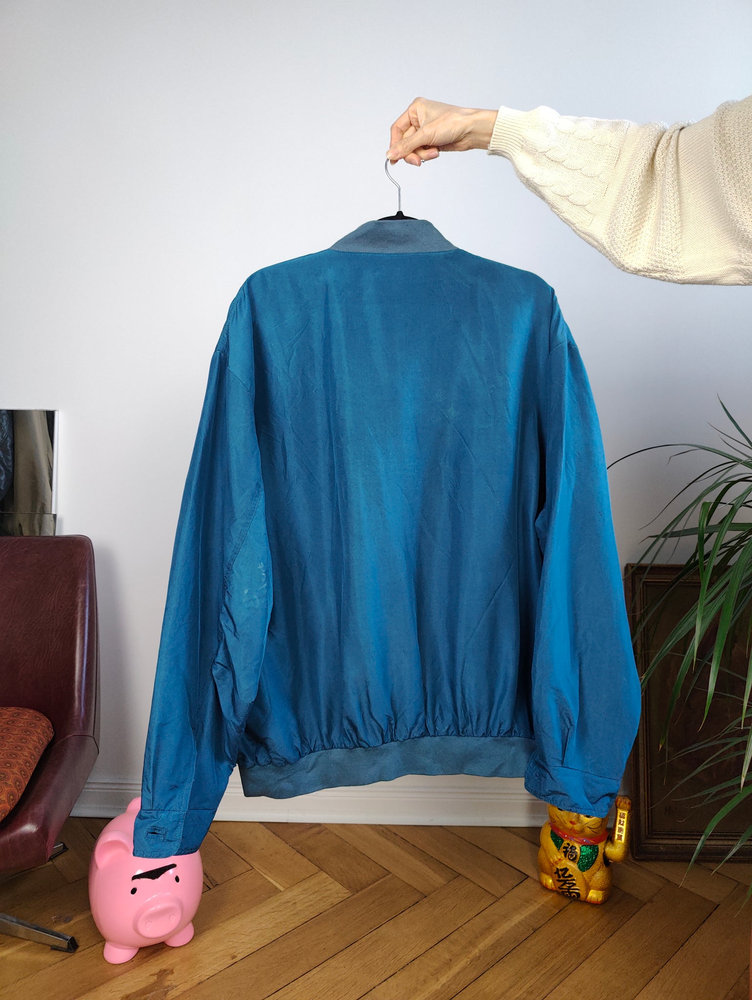 Vintage silk bomber jacket blouson blue light spring summer women unis The Vintage Takeaway