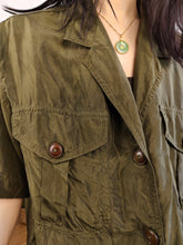 Load image into Gallery viewer, Vintage 100% silk shirt blouse khaki green short sleeve waist cord plain women 44 M
