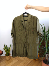 Load image into Gallery viewer, Vintage 100% silk shirt blouse khaki green short sleeve waist cord plain women 44 M

