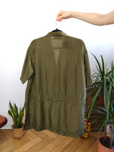 Load image into Gallery viewer, Vintage 100% silk shirt blouse khaki green short sleeve waist cord plain women 44 M
